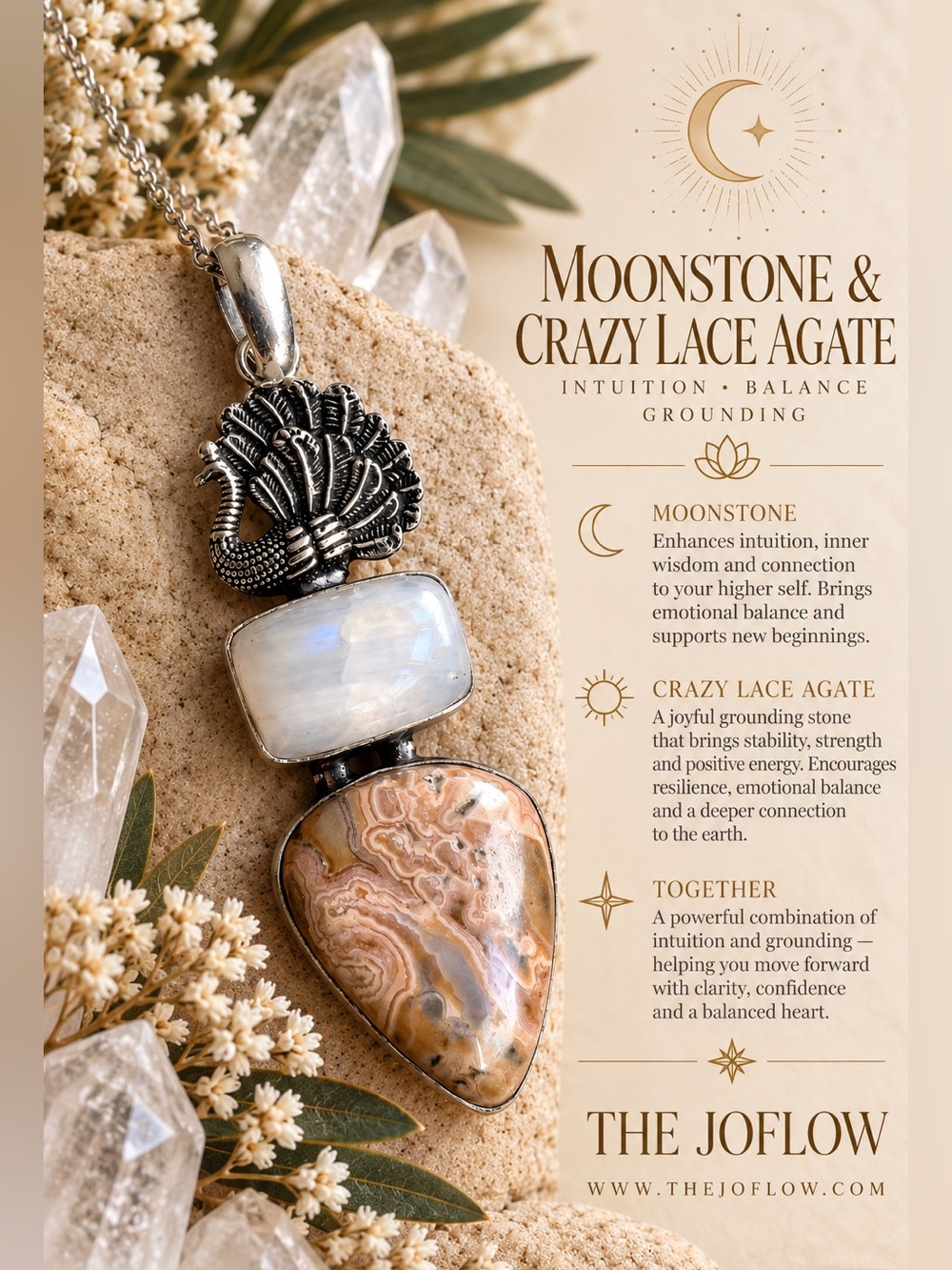 925 Peacock 🦚 Moonstone + Crazy Lace Agate Pendant Necklace